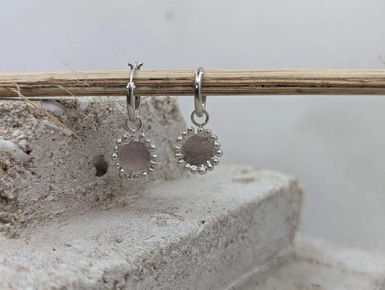 Hinged Huggies with Small Granulatied Disc | Sterling Silver