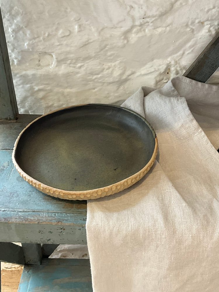 Black Carved Stoneware Pasta Bowl
