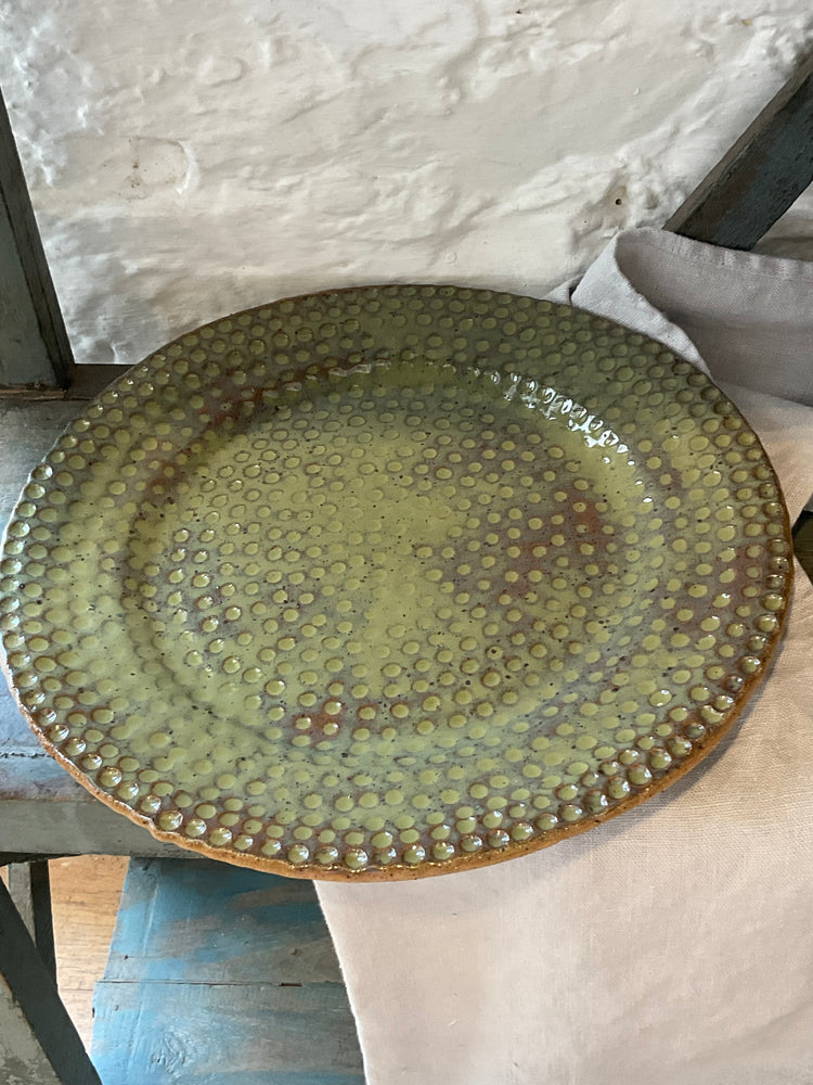 Round Green Stoneware Platter with Indented Dots
