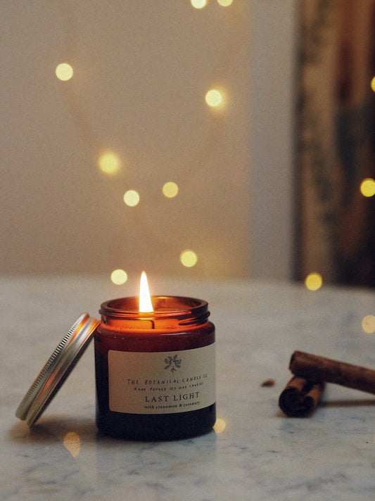Last Light Cinnamon & Rosemary Scented Candle in Amber Jar