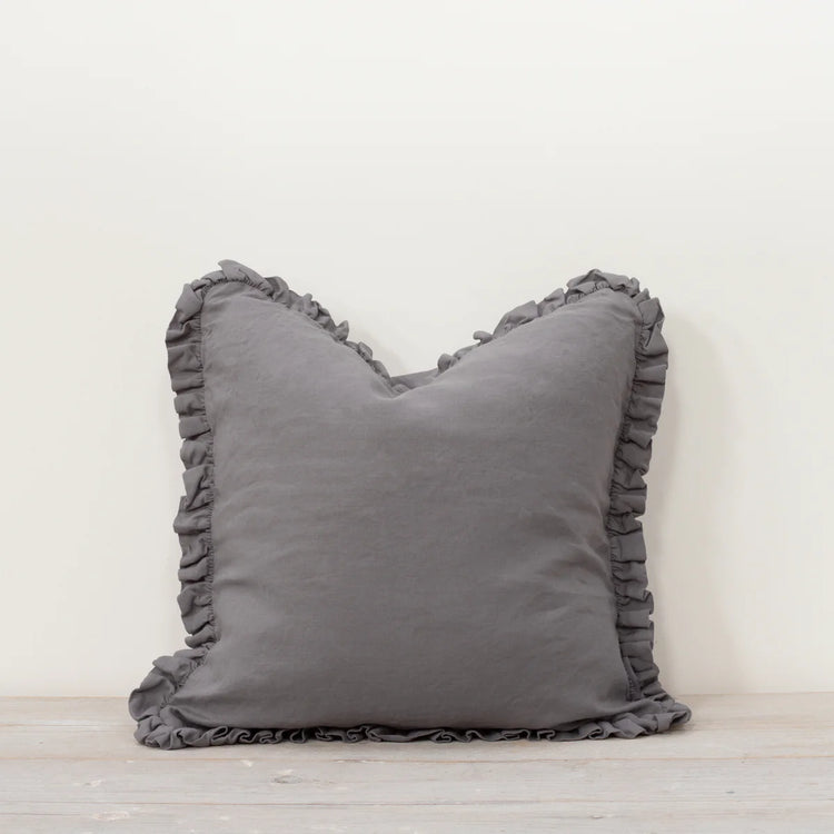 Ruffle 100% Linen Cushion, Pewter Grey